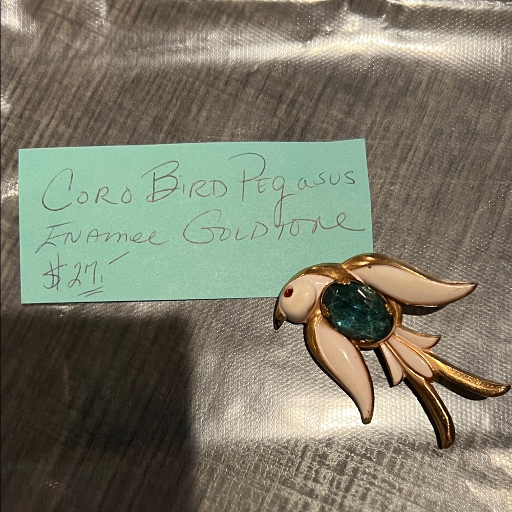 Coro Enamel Bird Brooch - Cream and Gold